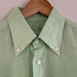Brioni 100% Linen Button Down Shirt Green Mens Size Medium Made In Italy